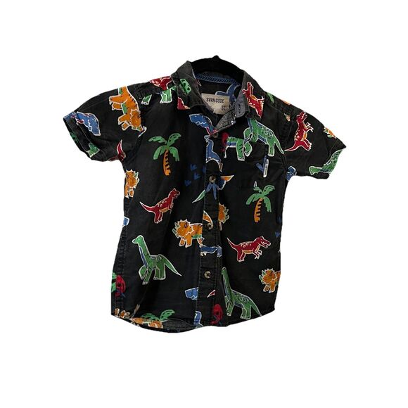 SVRN Sovereign Code Black Mulitcolor Dino Dinosaurs Print Button Up Shirt Sz 3T - Picture 1 of 8